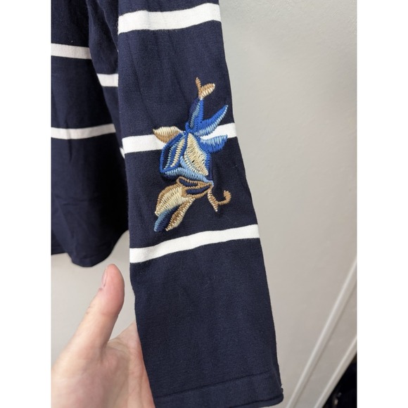 Chicos 3 Mid weight Neck Navy Striped Embroidered Pullover - Picture 3 of 6
